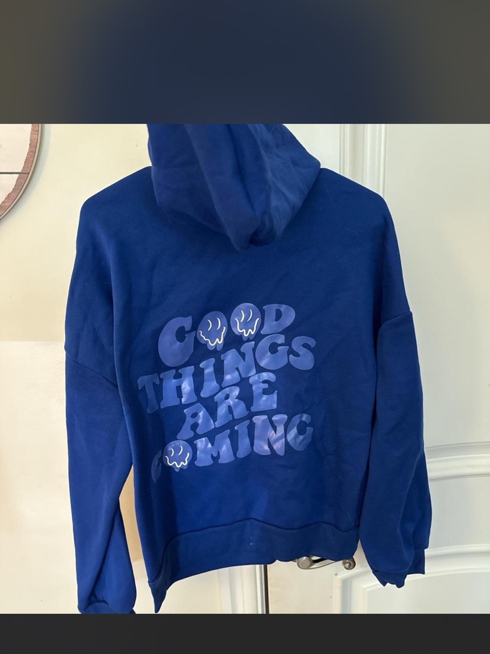 Blue Hoodie with 'Good Things Are Coming' Graphic